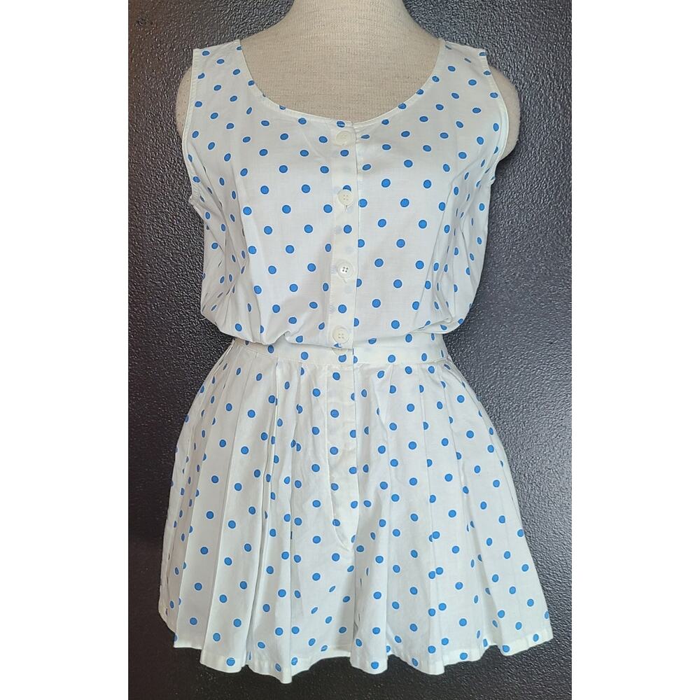 Vtg 80's Womens Shorts Romper Cotton Sleeveless Polka Dot Buttons Medium Camp